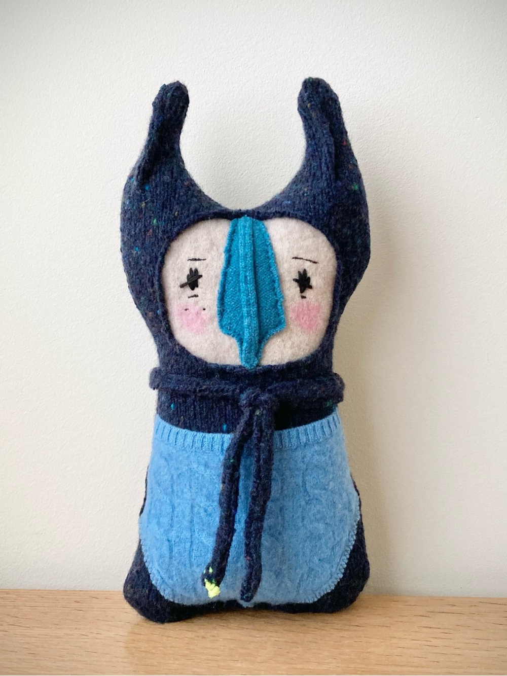 joodito lucky cat reclaimed wool cashmere sweater pillow folk art rag doll blue